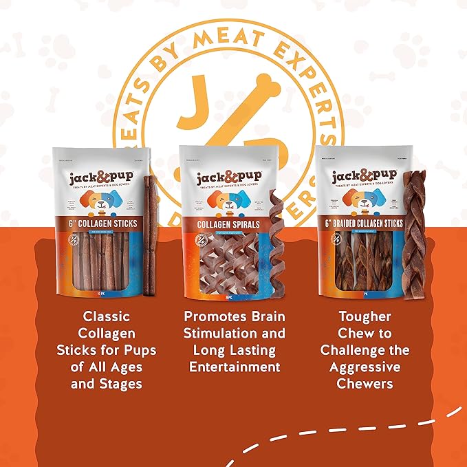 Jack&Pup 12" Beef Collagen Sticks for Dogs | Rawhide Free Dog Chews Long Lasting | Single Ingredient Healthy Dog Treats for Medium Dogs | Bully Stick Alternative (5 Pack)