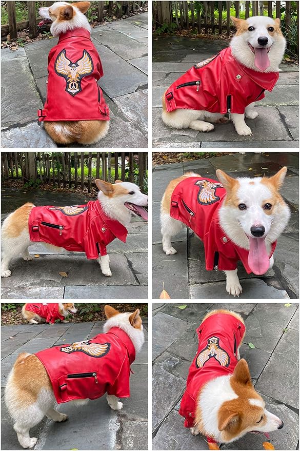Lovelonglong Cool Dog Leather Jacket, Warm Coats Dogs Windproof Cold Weather Coats for Large Medium Small Dogs with Eagle Embroidery Red XL