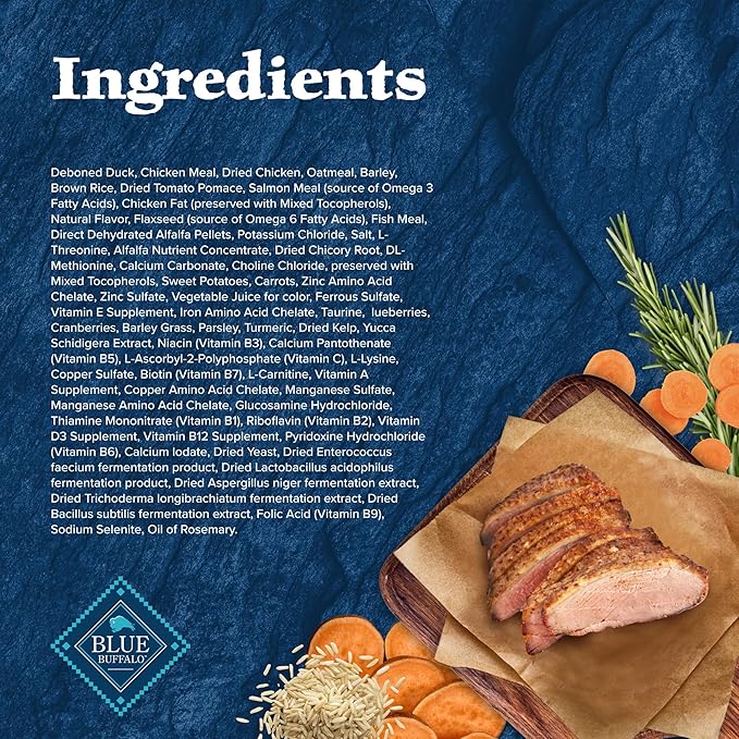 Blue Buffalo Wilderness Natural High-Protein Dry Food for Adult Dogs, WITH WHOLESOME GRAINS, Duck, 28-lb Bag.