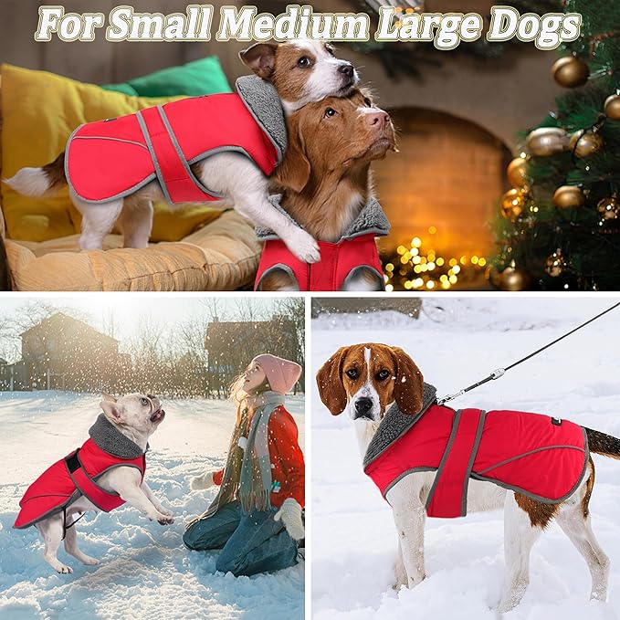 Dogcheer Dog Coat, Waterproof Dog Jacket Reflective Pet Winter Coat with Adjustable Hook & Loop, Christmas Puppy Fleece Jacket Warm Turtleneck Snowsuit for Small Medium Large Dogs - Red, M