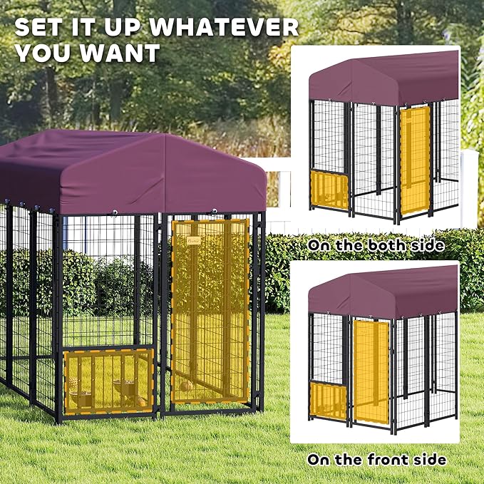 PawHut 8' x 4' x 6' Outdoor Dog Kennel, Welded Wire Dog Kennel Outside Run with 360° Rotating & 4 Level Adjustable Bowls, Waterproof & UV Resistant Cover, for S&M&L Breeds, Chickens, Ducks, Red