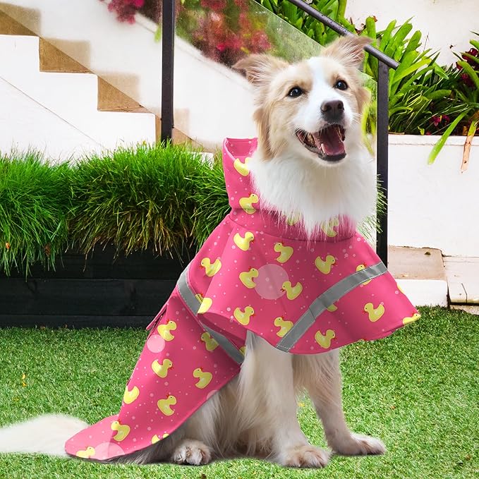 NACOCO Large Dog Raincoat Adjustable - Pet Rubber Ducks Yellow Water Proof Clothes Lightweight Rain Jacket Poncho Hoodies with Strip Reflective Pink (Pink XXXL, Yellow Duck)