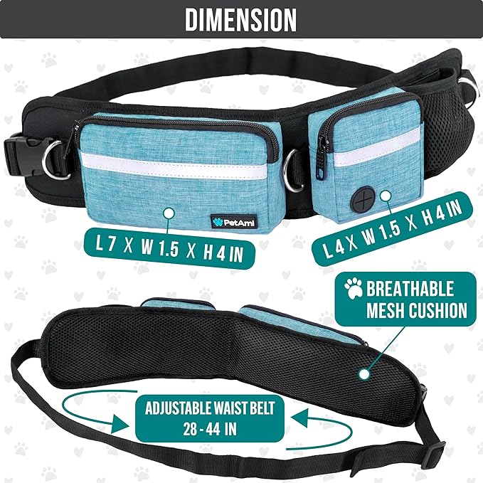 PetAmi Hands Free Dog Leash, Dog Running Leash Belt Bag for Walking, Jogging, Dog Waist Double Zipper Pouch with Poop Bag Dispenser, Dual Padded Handles Reflective Bungee Leash, Single (Turquoise)