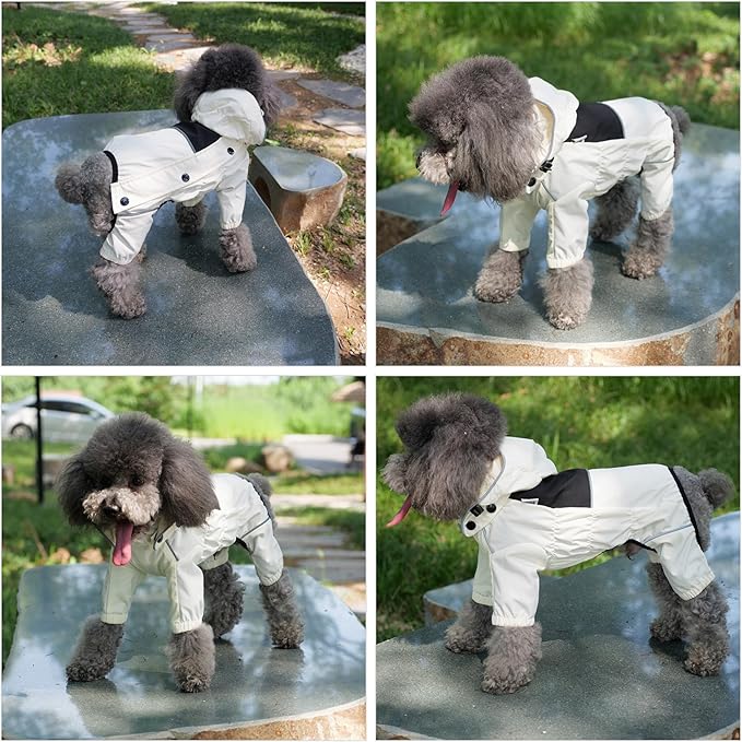 LOVELONGLONG Waterproof Dog Raincoat with Removable Hood – Outdoor Full Body Dog Jacket, Windproof Snowproof Shell Suit – All Season Pet Rain Gear Ivory XXS