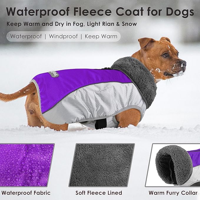 Dog Coat, Waterproof Ripstop Dog Winter Jacket with Leash Hole, Reflective Adjustable Warm Pet Fleece Snow Sweater for Small Medium Large Dogs - Purple, S