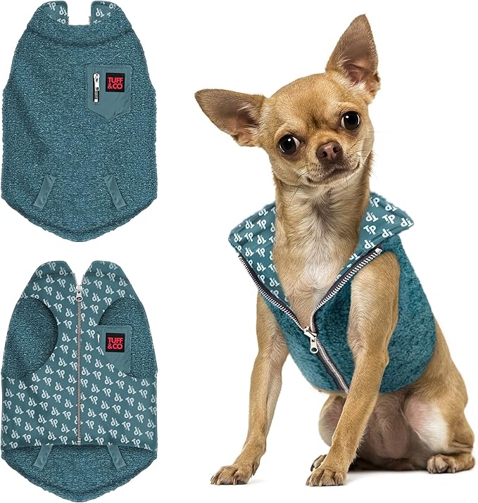 Tuff Pupper Reversible Fleece Sweater Vest for Dogs | Lightweight Comfortable Insulated Jacket | Front Zip Closure | Machine Washable | Built-in Leash Hole | Sizes for All Breeds (Small, Teal)