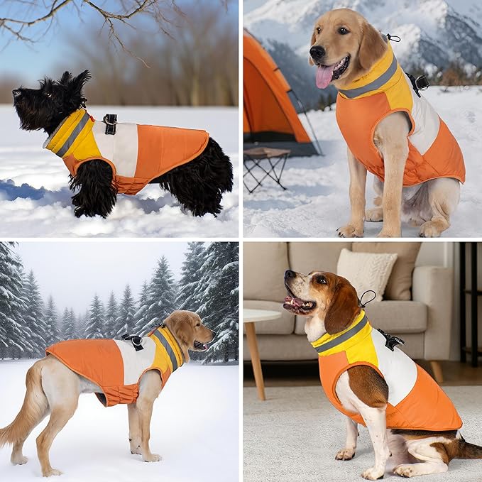azuza Dog Jacket for Small Dogs Waterproof Dog Coat with Reflective Strips and Harness Built in Warm Fleece Dogs Winter Coat Windproof with Back Zipper, Orange M
