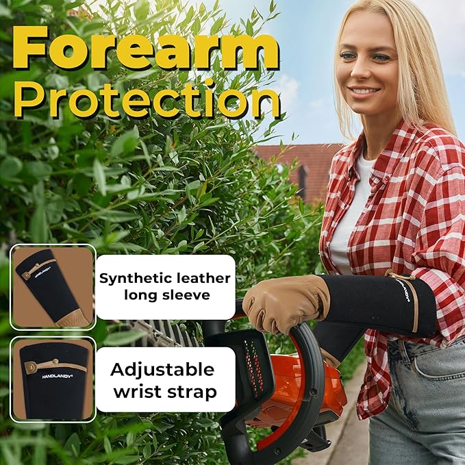 HANDLANDY Long Gardening Gloves for Men & Women, Cowhide Leather Rose Pruning Gloves, Breathable Thorn Proof Gauntlet Glove (Brown-Cowhide, XL)