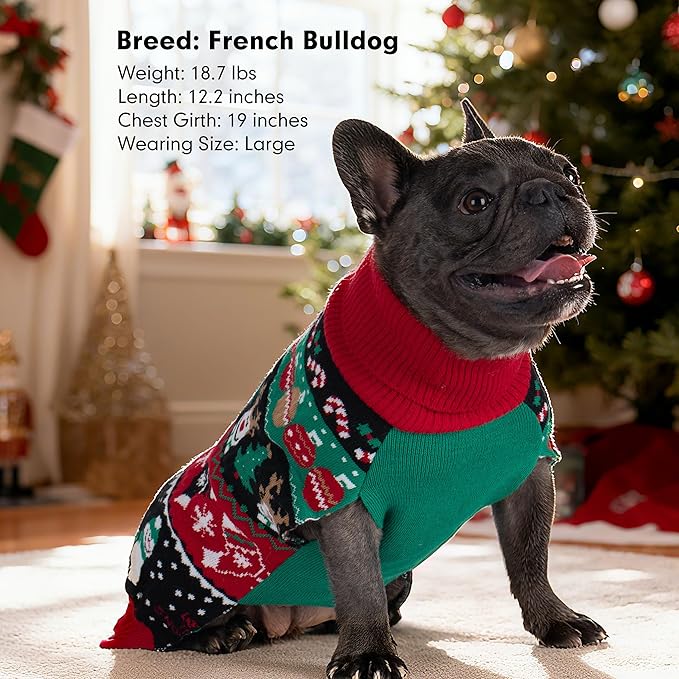 cyeollo Dog Christmas Sweater, Turtleneck Warm Sweater for Small Dogs Soft Xmas Clothes with Leash Hole Holiday Clothes for Pet Female & Male, L