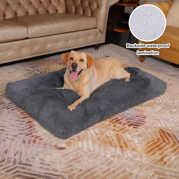 Bedfolks Waterproof XXL Dog Crate Bed, Plush Pad with Removable Cover, Faux Fur, Washable Kennel Bed 47"x29", Dark Grey