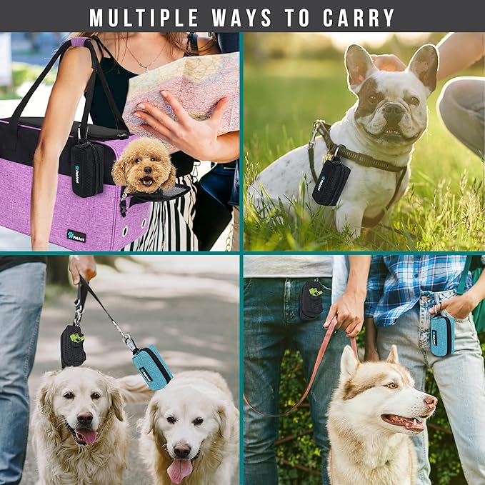 PetAmi Dog Poop Bag Holder for Leash Doggie Waste Bag Dispenser with Clip & Velcro Belt for Puppy Potty Walking Accessories Travel Camping Pet Supplies Zipper Pouch with Trash Bag Roll, Black 1 Pack