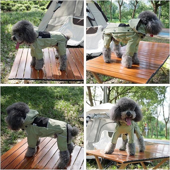 LOVELONGLONG Waterproof Dog Raincoat with Removable Hood – Outdoor Full Body Dog Jacket, Windproof Snowproof Shell Suit – All Season Pet Rain Gear Sage Green S+