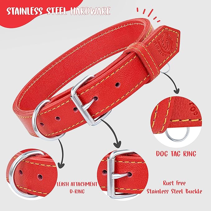 Riparo Dog Collar - Genuine Leather Dog Collars - Heavy Duty Dog Collars for Medium Large and Extra Large Dog Breeds (XL: 1.5” Wide for 22” - 26” Neck, Red)