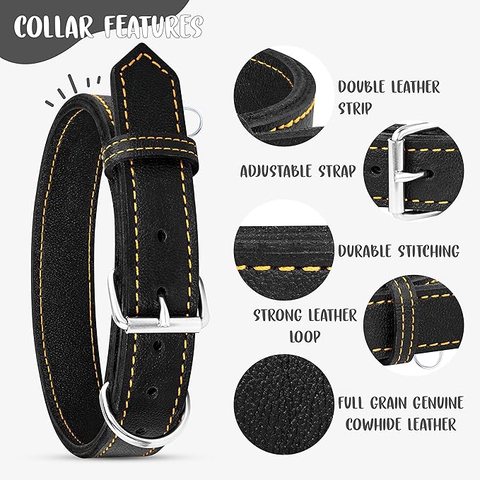 Riparo Dog Collar - Genuine Leather Dog Collars - Heavy Duty Dog Collars for Medium Large and Extra Large Dog Breeds (XL: 1.5” Wide for 22” - 26” Neck, Black/Orange Thread)