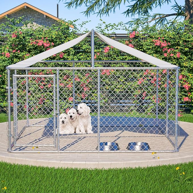 Outdoor Dog Enclosure Heavy Duty Dog Kennel House Mesh Outside Galvanized Chain Link Dog Run with Roof,Dog Cage Large Dogs Dog Pen Pet Kennel W/Waterproof Anti-UV Cover&Secure Lock for Large Dog