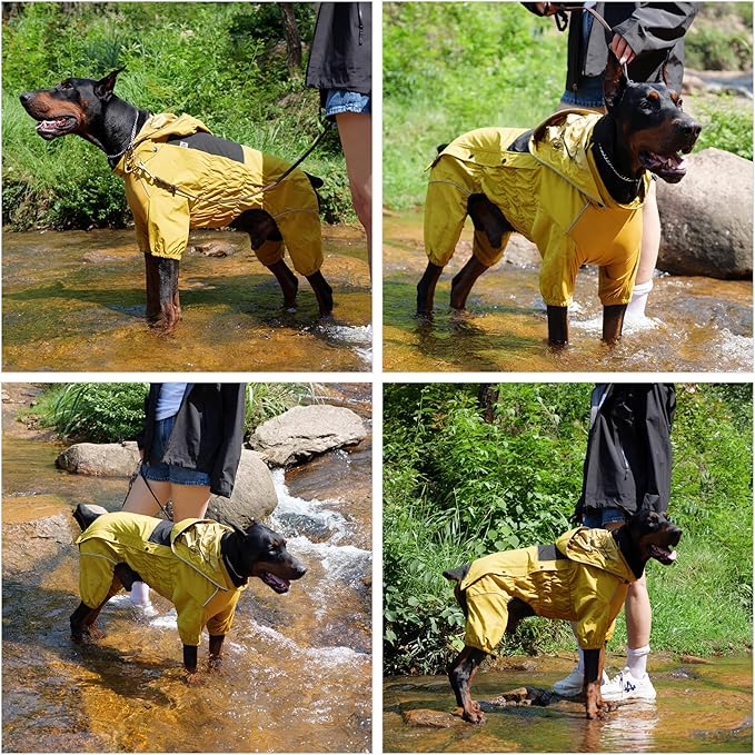 LOVELONGLONG Waterproof Dog Raincoat with Removable Hood – Outdoor Full Body Dog Jacket, Windproof Snowproof Shell Suit – All Season Pet Rain Gear Mustard Yellow XS