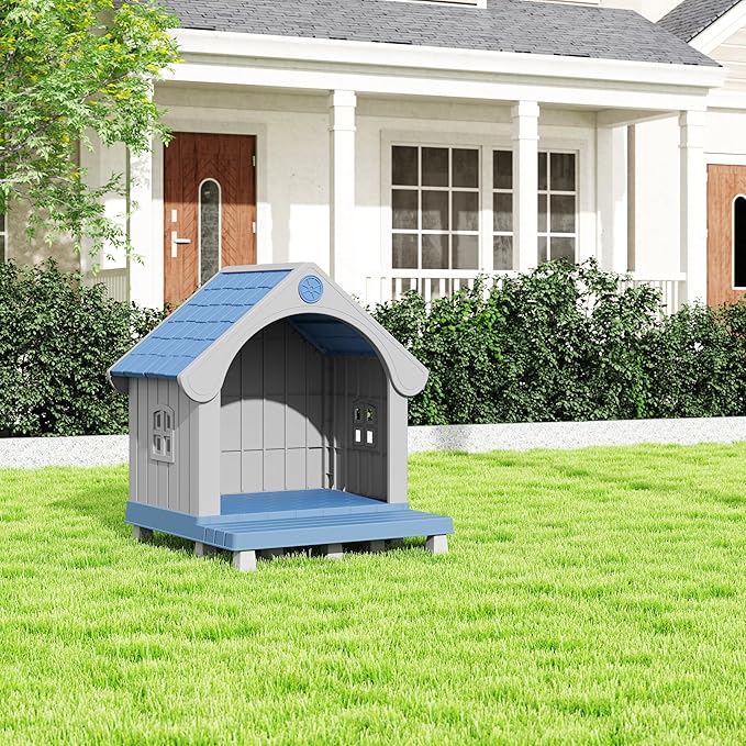 Dog House Outdoor Indoor Weatherproof for Small Medium Dogs, Durable Plastic Pet House with Porch, Sloping roof and Elevated Floor, Easy Cleaning and Assemble(Blue, 32.95"L×31.5"W×37.88"H)