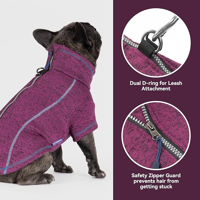 cyeollo Warm Dog Sweater with Zipper, Doggy Reflective Highneck Jackets with D Ring Step in Dog Winter Coats Fleece Female Stretchy Dogs Sweaters Pet Clothes for Small Dogs, Purple L