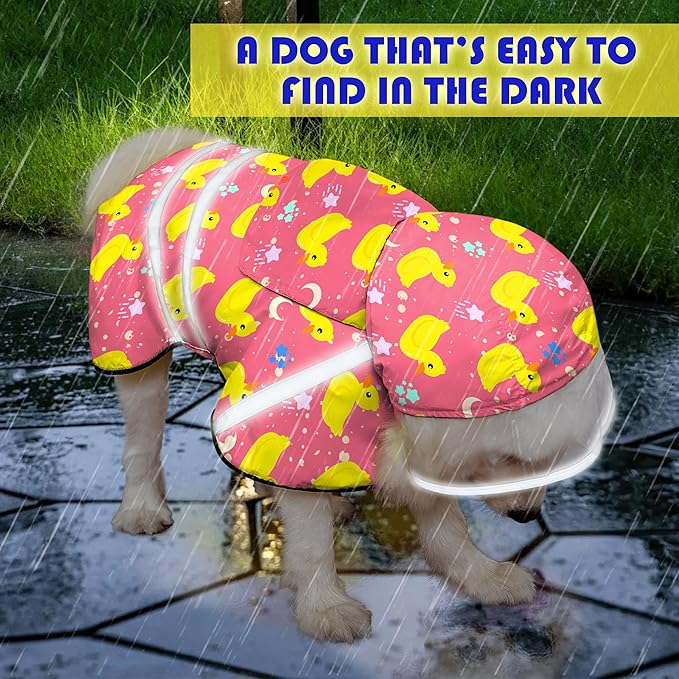 Dog Raincoat, Adjustable Rain Jacket with Hooded Double Layer for Large Medium Small Dogs Puppies, Lightweight Waterproof Rain Coat Poncho with Reflective Stripe Duck Pink,L