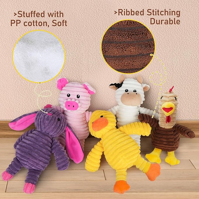 Prime Pets Dog Toys, 5 Pack, Plush Dog Squeaky Toys, Assortment Value Bundle Animal Pet Toy for Small Medium Large Dogs, Stuffed Puppy Chew Toy