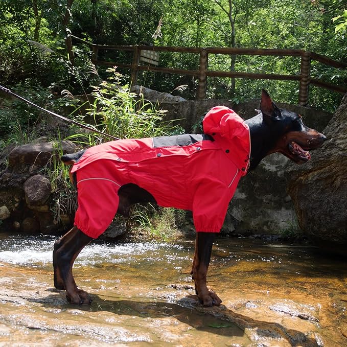 LOVELONGLONG Waterproof Dog Raincoat with Removable Hood – Outdoor Full Body Dog Jacket, Windproof Snowproof Shell Suit – All Season Pet Rain Gear Red L