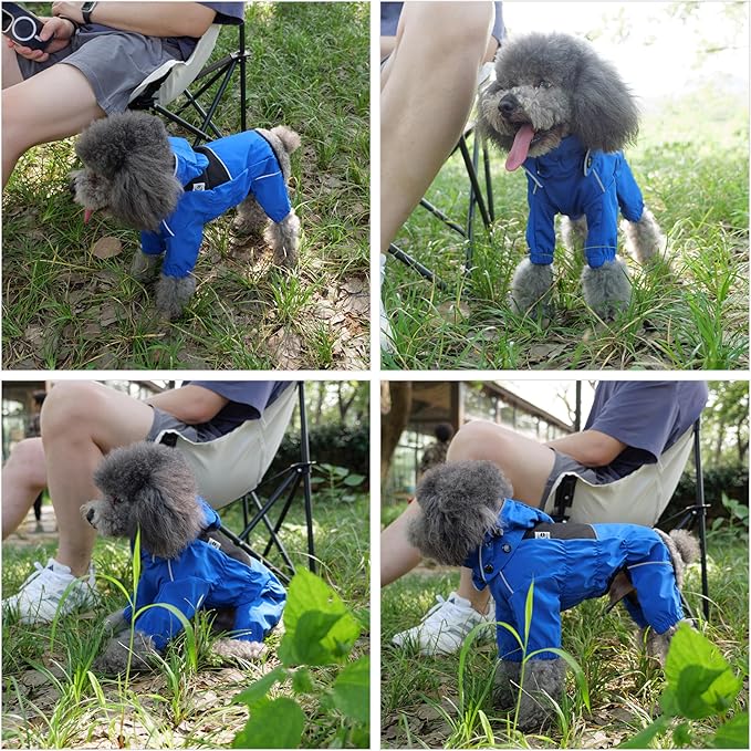 LOVELONGLONG Waterproof Dog Raincoat with Removable Hood – Outdoor Full Body Dog Jacket, Windproof Snowproof Shell Suit – All Season Pet Rain Gear Blue L