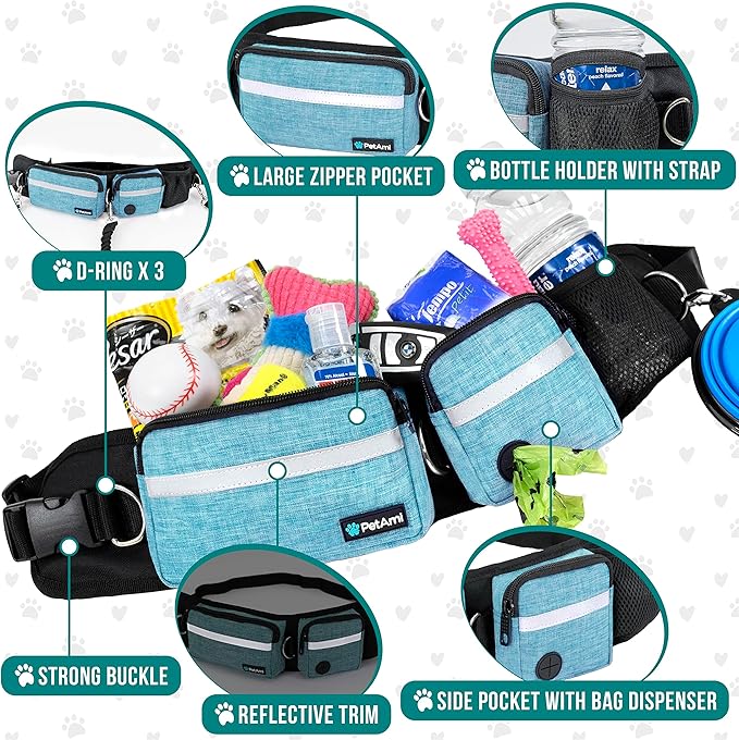 PetAmi Hands Free Dog Leash, Dog Running Leash Belt Bag for Walking, Jogging, Dog Waist Double Zipper Pouch with Poop Bag Dispenser, Dual Padded Handles Reflective Bungee Leash, Single (Turquoise)