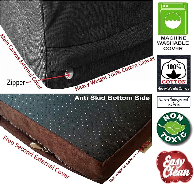 Dogbed4less XL Orthopedic Cool Foam Dog Bed, Durable Washable Black Canvas Cover, Waterproof Liner, and Extra Brown Microsuede Antislip Case, 47"X29"X4", Fits 48X30 Crate.