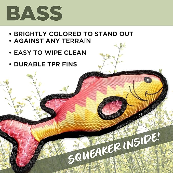 Plush Dog Toys | Bass Fish Stuffed Animal Squeaky Toy for Dogs | Outdoor Pet Toy Built for Adventure