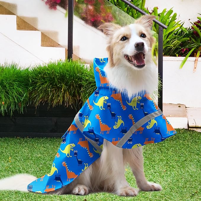 NACOCO Large Dog Raincoat Adjustable - Pet Dinosaurs Water Proof Clothes Lightweight Rain Jacket Poncho Hoodies with Strip Reflective Blue (XL, Blue Dinosaur)