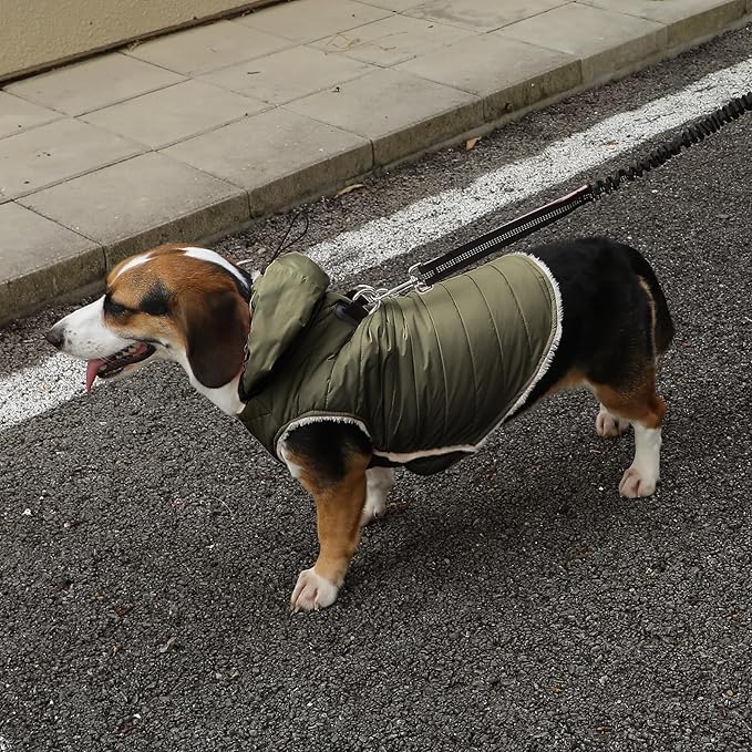 Fleece Lining Dog Hoodie with Harness Built in,Extra Warm Large Dog Jacket in Winter Doggie Coats with Drawstring Hooded,Green XXL