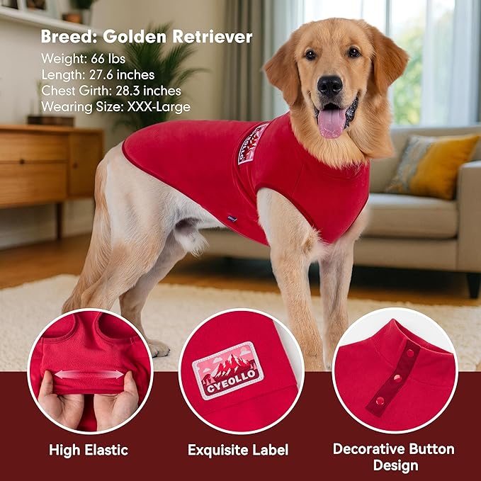 cyeollo 2XL Fleece Dog Sweater, Stretchy Pullover Fleece Vest with Turtleneck Dog Sweatshirt Warm Winter Clothes for Medium to Large Dogs Boy Girl Pet Apparel, Red XXL