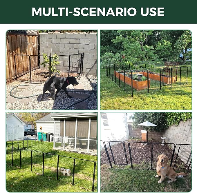 FXW Garden Fence Outdoor for The Yard – 24in(H) x 11.4ft(L) Heavy Duty Metal Animal Barrier for Dog and Rabbit, Decorative Dog Fence, 6 Panels, Black