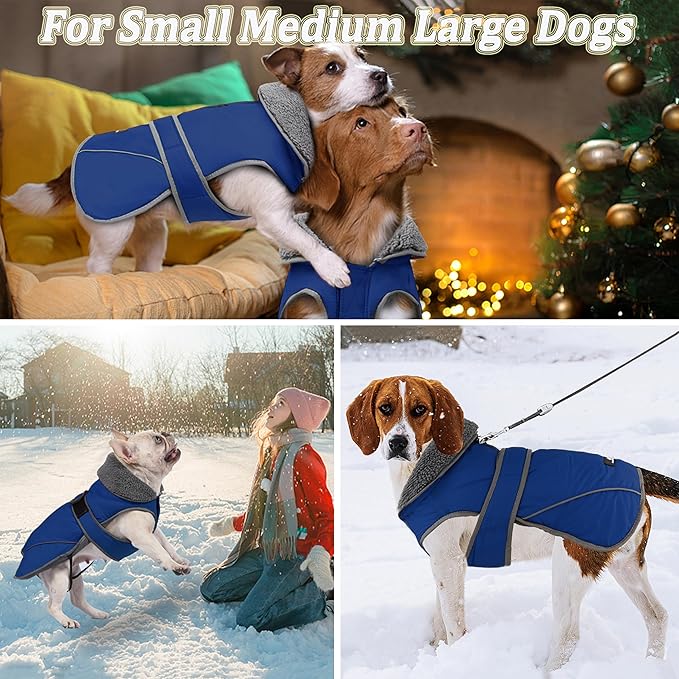 Dogcheer Dog Coat, Waterproof Dog Jacket Reflective Pet Winter Coat with Adjustable Hook & Loop, Christmas Puppy Fleece Jacket Warm Turtleneck Snowsuit for Small Medium Large Dogs - Blue, 3XL