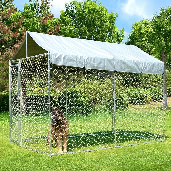 10x6x7.7ft Large Dog Kennel Outdoor, Heavy-Duty Outside Dog Kennel with Roof, Security Latch-Lock Door, Chain-Link Dog Enclosure Dog Run for Yard with Cover