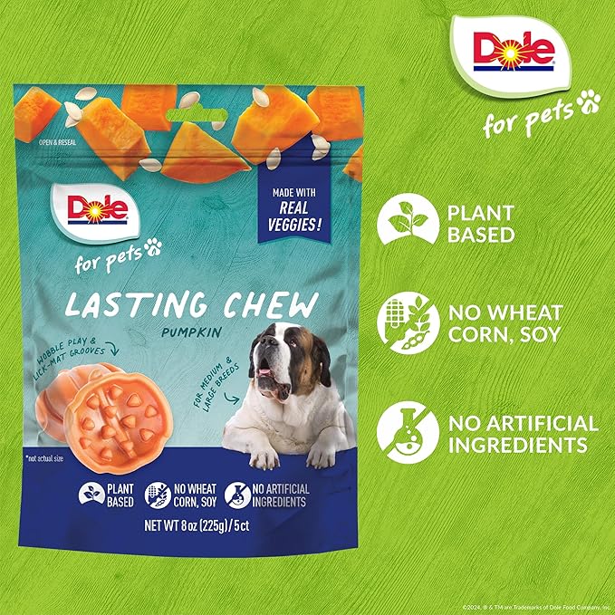 Dole for Pets Freshly Fetched Lasting Chew, Pumpkin Flavor Dog Treats, 8oz, 5ct | Flavored with Real Veggies, No Wheat, Corn, Soy, Artificial Flavors, Colors, Preservatives, or Animal Products