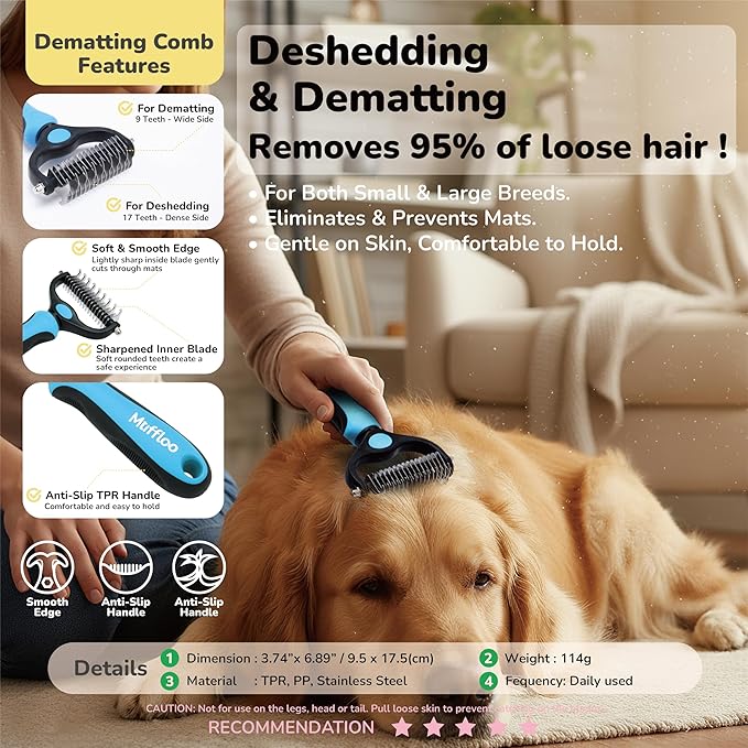 All-in-1 Pet Grooming Kit for Dogs and Cats, Shedding Comb, Dematting Tool, Reusable Electrostatic Hair Removal Glove, Hair Collector Keychain