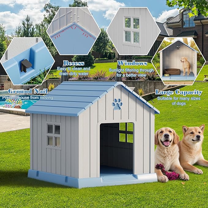 Dog House for Outdoor & Indoor Use with Window, Waterproof Ventilated Kennel with Elevated Floor, Easy to Clean Shelter for Small Medium Large Dogs (Blue, 37.2" L x 40" W x 40" H)