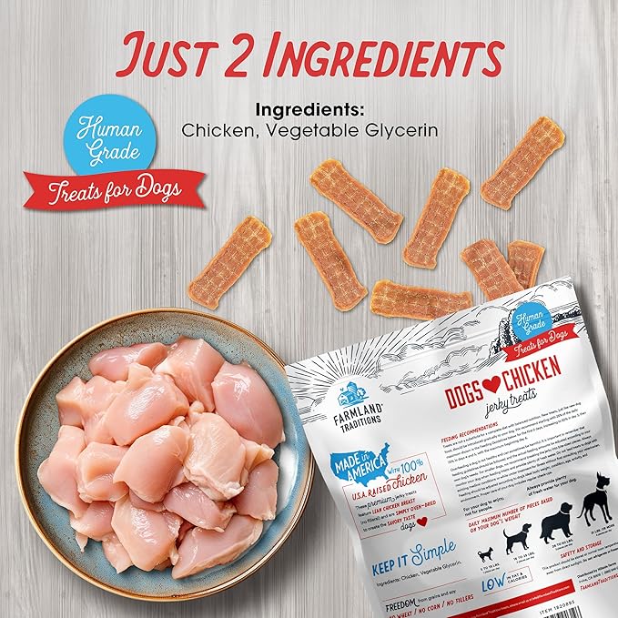 Farmland Traditions Dogs Love Chicken Jerky Dog Treats, Premium Two-Ingredient Dog Jerky with USA-Raised, Human-Grade Chicken & No Antibiotics Ever, 1-Pound Bag (Pack of 2)