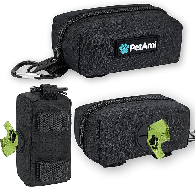 PetAmi Dog Poop Bag Holder for Leash Doggie Waste Bag Dispenser with Clip & Velcro Belt for Puppy Potty Walking Accessories Travel Camping Pet Supplies Zipper Pouch with Trash Bag Roll, Black 1 Pack