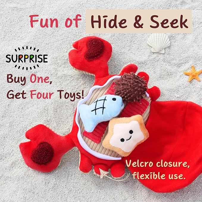 Squeaky Dog Toys, Plush Puzzle Hide and Seek Puppy Toys to Keep Them Busy – Cute Stuffed Dog Chew Toys for Small, Medium Breed - Crab