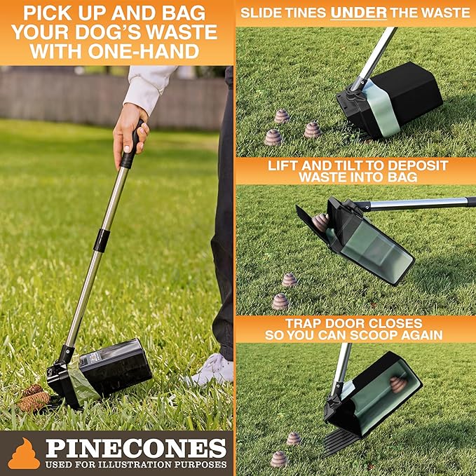 Neater Pet Brands Lift N’ Bag 2.0 Dog Pooper Scooper with Bag Attachment & 27" Pole for Small to Large Dogs, New & Improved Design, 195 Refill Bags, Heavy Duty Dog Poop Scooper for Yard, One-Hand Use