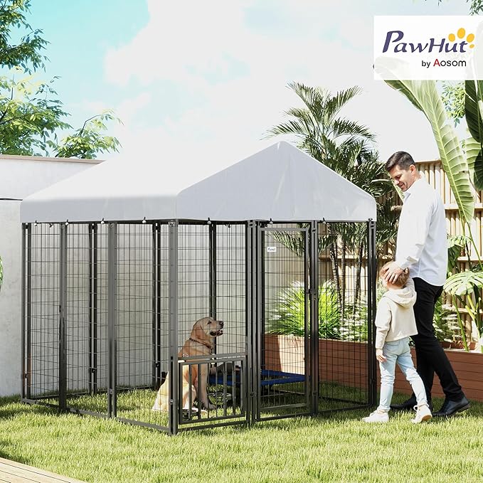 PawHut 6' x 6' x 6' Outdoor Dog Kennel, Welded Wire Dog Kennel Outside Run with 360° Rotating & 4 Level Adjustable Bowls, Waterproof & UV Resistant Cover, for S&M&L Breeds, Chickens, Ducks, Silver