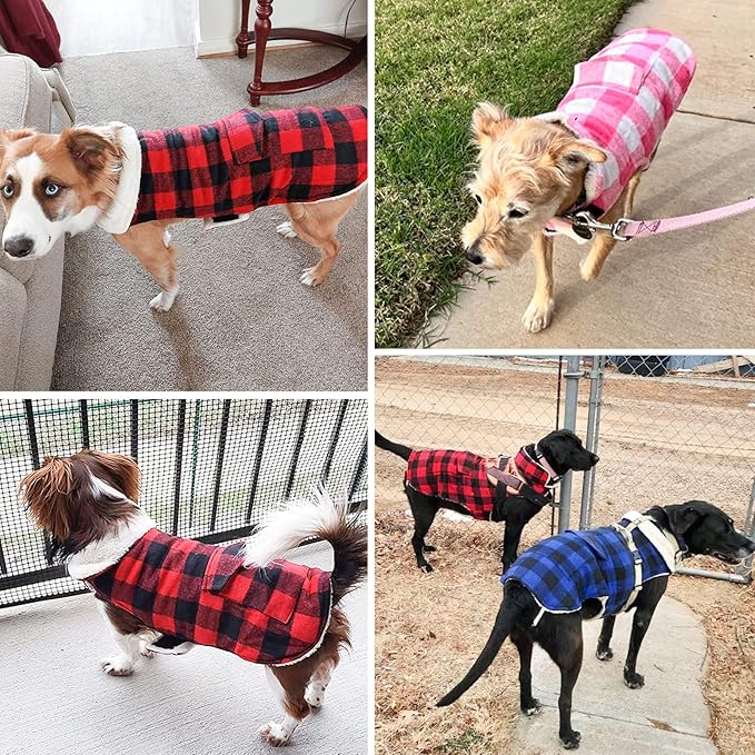 Malier Classic Plaid Fleece Dog Coat - Warm Winter Jacket with Pocket, Windproof - Red, X-Small