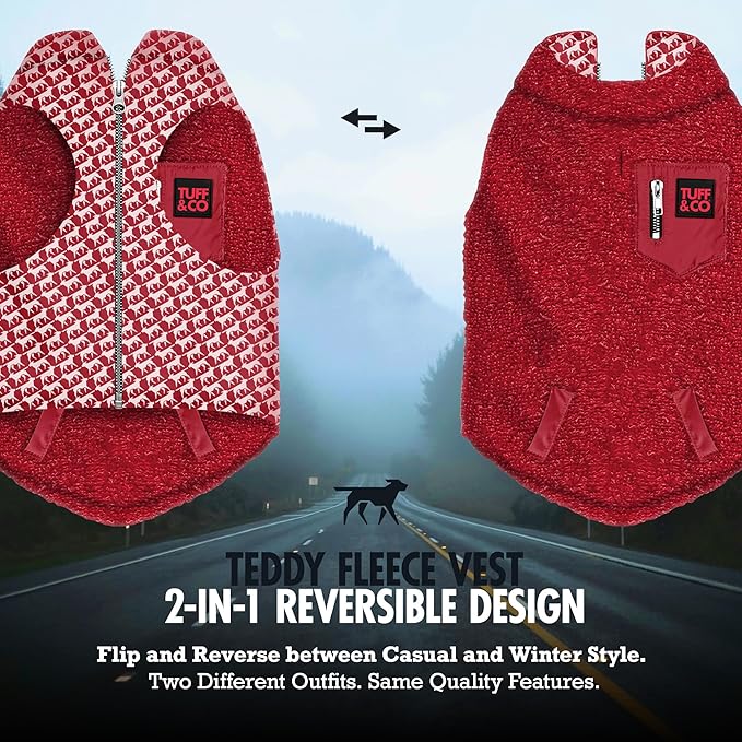 Tuff Pupper Reversible Fleece Sweater Vest for Dogs | Lightweight Comfortable Insulated Jacket | Front Zip Closure | Machine Washable | Built-in Leash Hole | Sizes for All Breeds (Small, Red)
