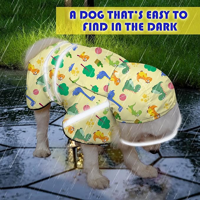 Dog Raincoat, Adjustable Rain Jacket with Hooded Double Layer for Large Medium Small Dogs Puppies, Lightweight Waterproof Rain Coat Poncho with Reflective Stripe Dinosaurs Yellow,M