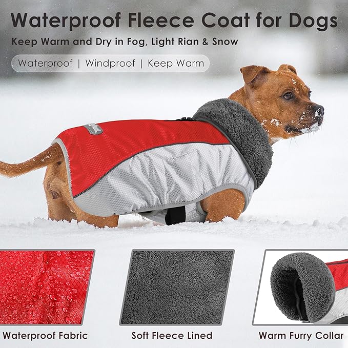 Dog Coat, Waterproof Ripstop Dog Winter Jacket with Leash Hole, Reflective Adjustable Warm Pet Fleece Snow Sweater for Small Medium Large Dogs - Red, 3XL