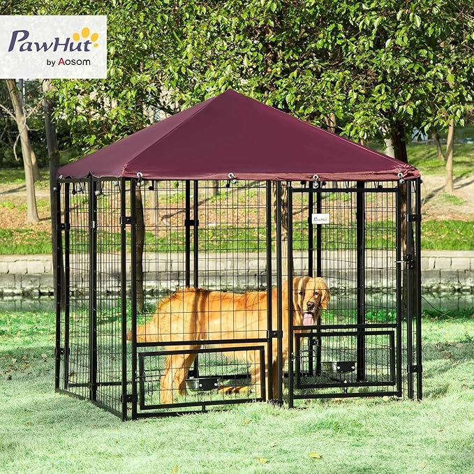 PawHut 4.6' x 4.6' x 5' Outdoor Dog Kennel, Welded Wire Dog Kennel Outside Run with 360° Rotating Bowls, Waterproof & UV Resistant Cover, for S&M Breeds, Chickens, Ducks, Red