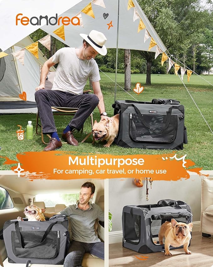 Feandrea 24 Inches Collapsible Soft Dog Crate, Portable Travel Dog Crate for Indoor and Outdoor Use, Dog Carrier Kennel with Safety Zippers, for Living Room, Car, Travelling, Camping, Gray UPDC60GY