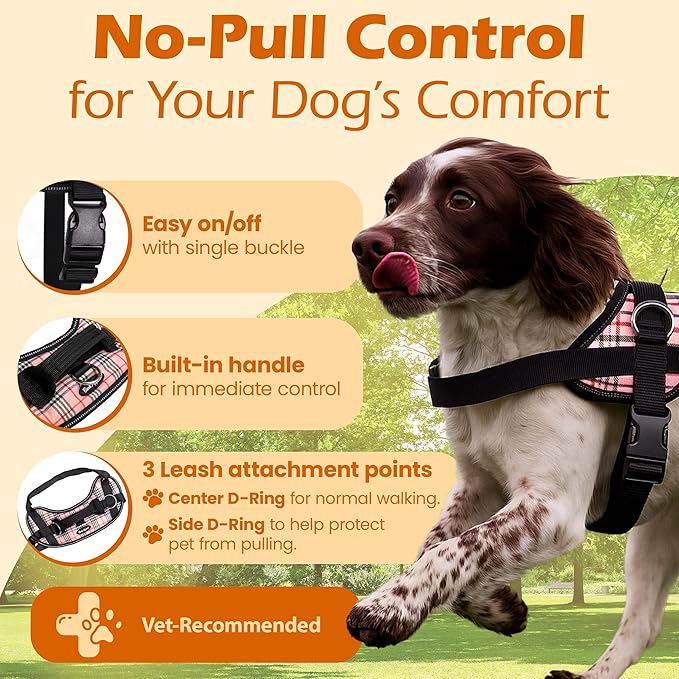 Bark Appeal Pink Plaid No-Pull Dog Harness for Extra Small Sized Pets – Adjustable, Reflective Vest with 3 Leash Clips for Added Control, Easy Walks & Training – XS